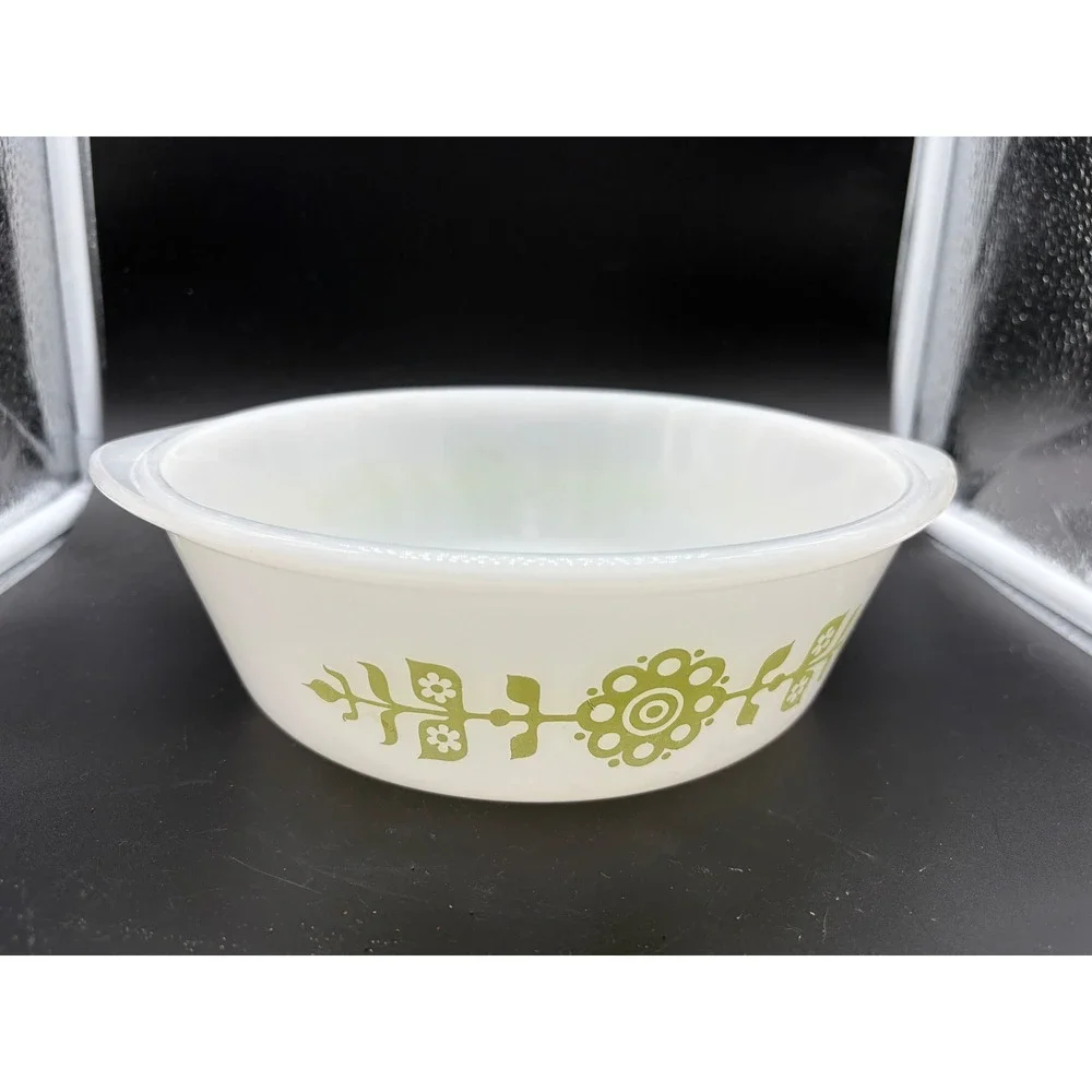 Vintage‎ Glass Bake Casserole Dish Green Floral Milk Glass